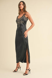 Mable Embroidered Cami Satin Midi Slit Dress | Daverri Fashions