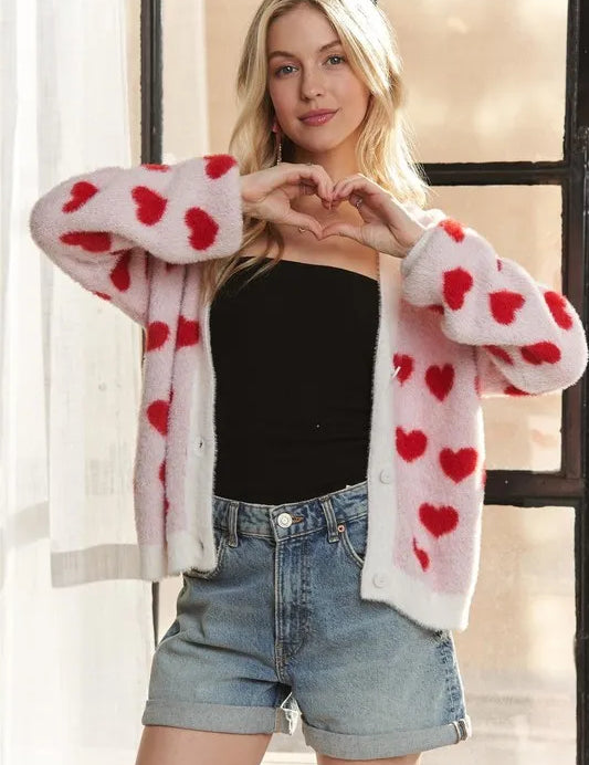 Ivory Red ADORA Fuzzy Heart Button Down Cardigan | Cardigans Daverri Fashions