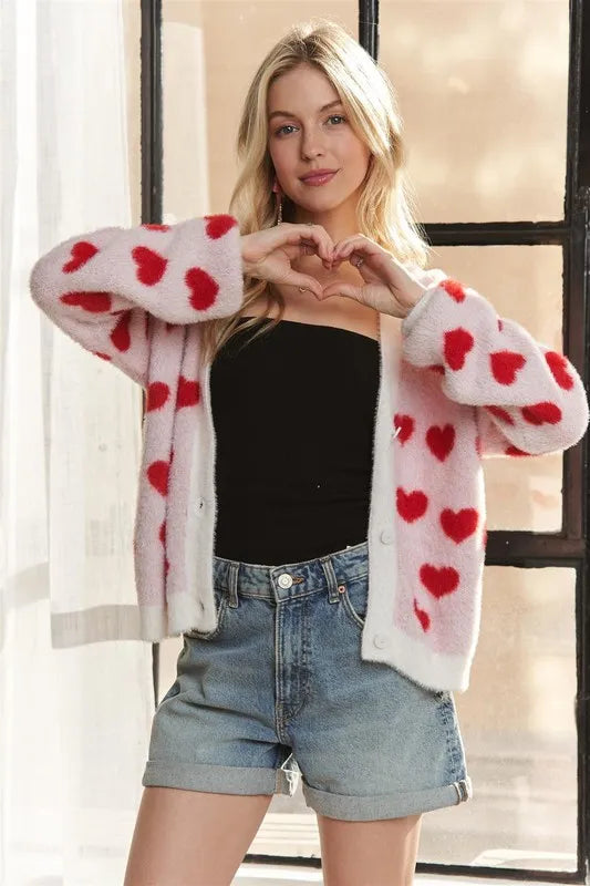 Ivory Red ADORA Fuzzy Heart Button Down Cardigan | Cardigans Daverri Fashions