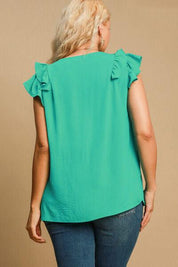 Umgee Full Size V-Neck Double Layered Ruffle Sleeve Blouse Plus Size | Blouses Daverri Fashions
