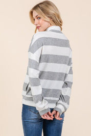 BOMBOM Striped Quarter Zip Drop Shoulder Sweatshirt | Daverri Fashions