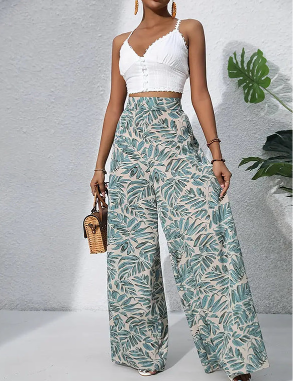 Olive Green High Waisted Abstract Print Boho Palazzo Pants | Pants Daverri Fashions