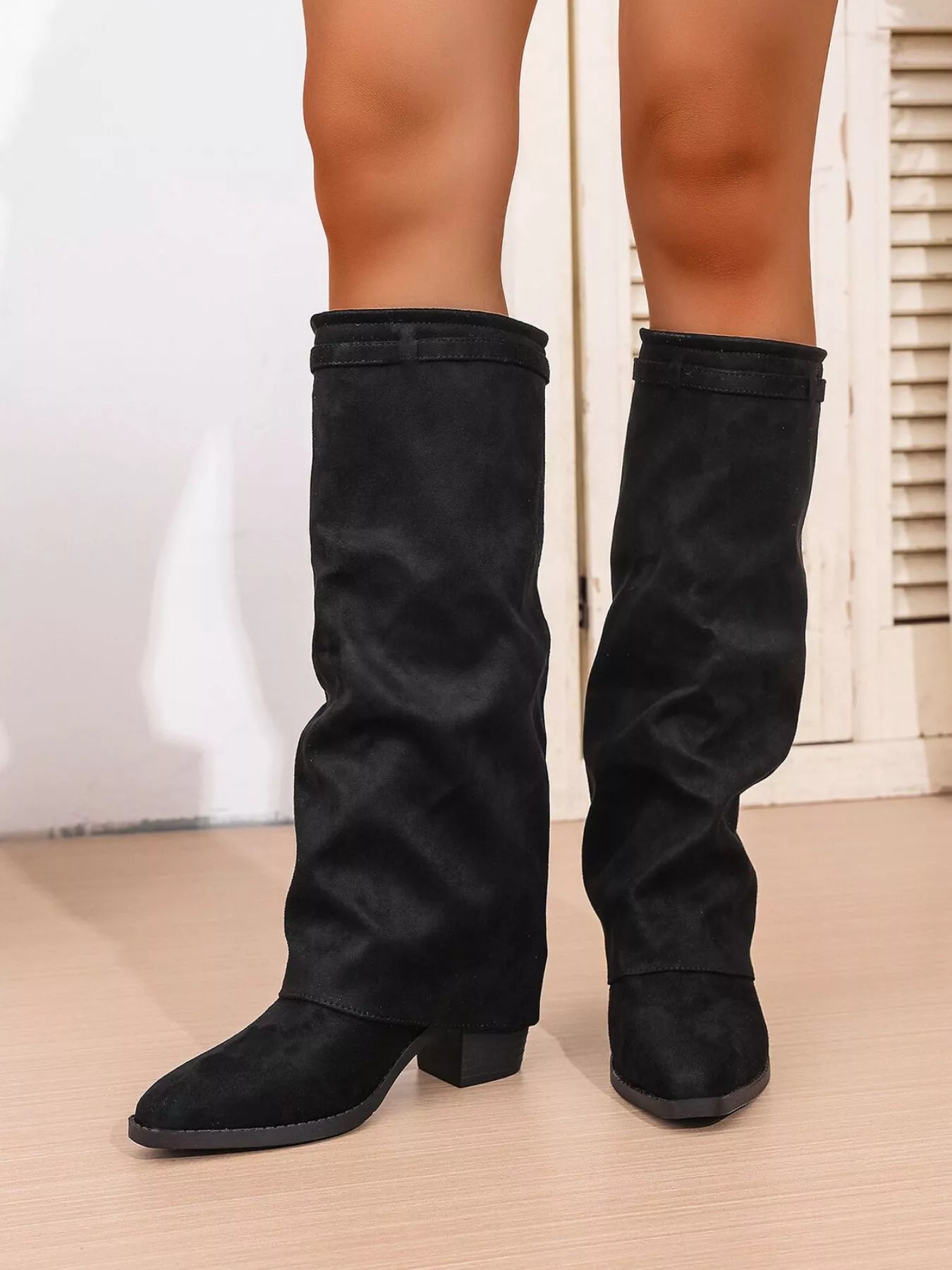 Black Hailey Point Toe Block Heels Boots | Boots Daverri Fashions