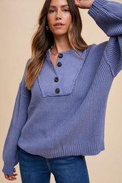 Annie Wear Light Indigo Half Button Ribbed Hem Sweater | Sweaters Daverri Fashions