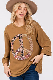 Caramel S SAGE + FIG Floral Peace Patch Round Neck Top | Tops Daverri Fashions