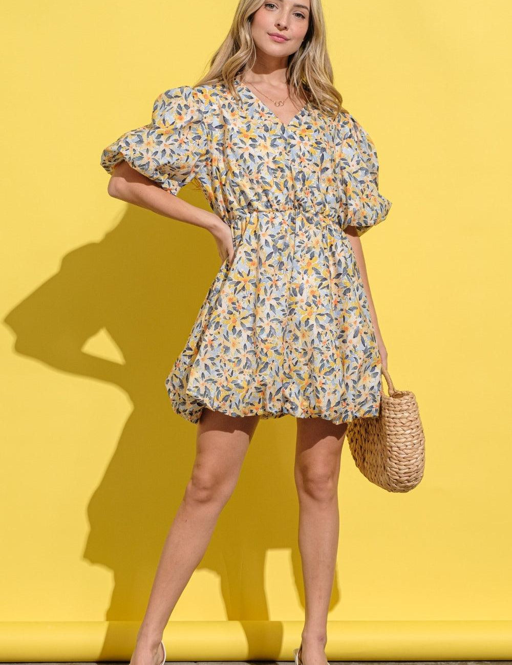 Yellow Multi And The Why Full Size Floral Surplice Puff Sleeve Dress | Daverri Fashions