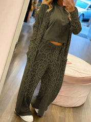Green Long Sleeve Leopard Print Longline Top and Pants Set | Loungewear Sets Daverri Fashions