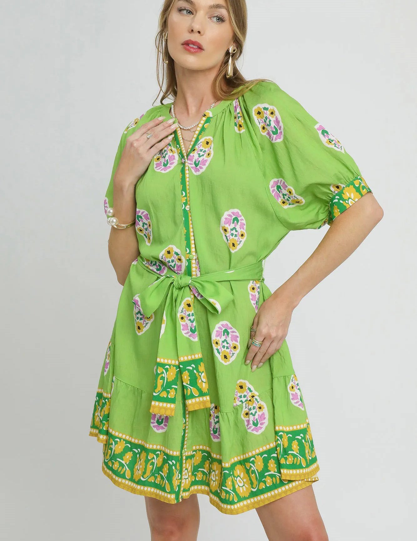 Neon Green Umgee Floral Print Tie Waist Short Sleeve Dress | Mini Dresses Daverri Fashions
