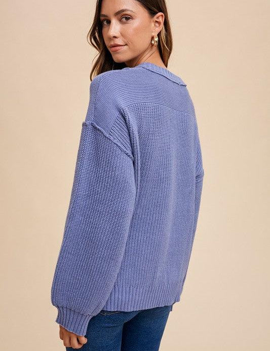 Annie Wear Light Indigo Half Button Ribbed Hem Sweater | Sweaters Daverri Fashions