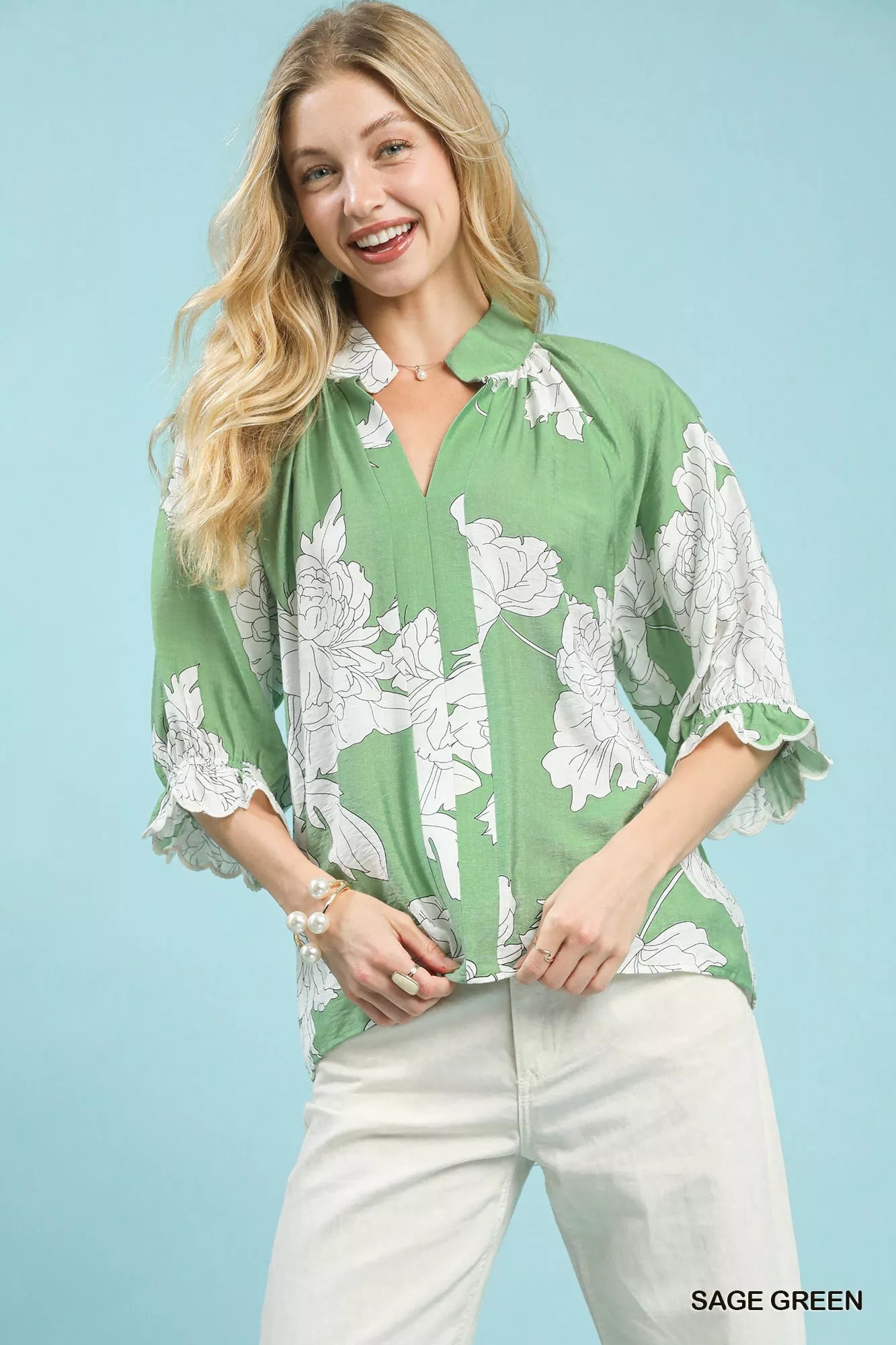 SAGE GREEN Umgee Peony Illustration Print Flounce Sleeve Blouse | Blouses Daverri Fashions