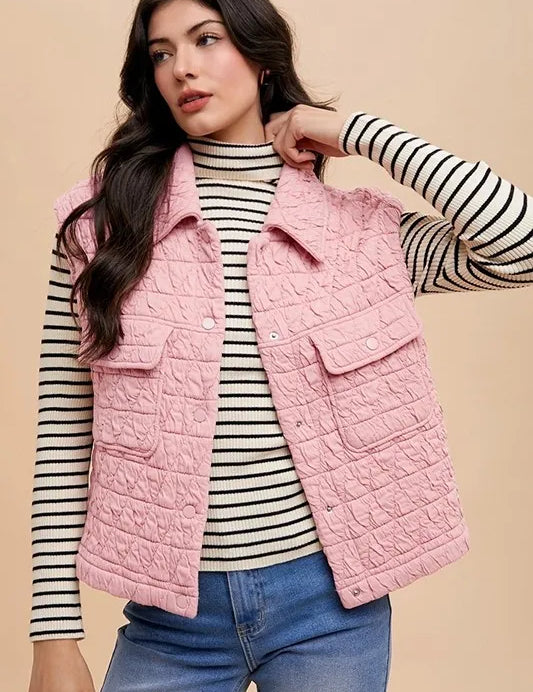 Blush Pink Annie Wear Texture Quilted Snap Down Vest Coat | Vest Jackets Daverri Fashions