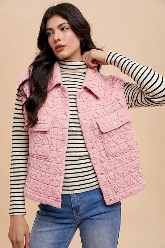 Blush Pink Annie Wear Texture Quilted Snap Down Vest Coat | Vest Jackets Daverri Fashions