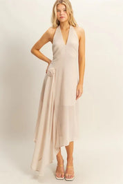 CHAMPAGNE HYFVE Chiffon Halter Asymmetrical Hem Dress | Daverri Fashions