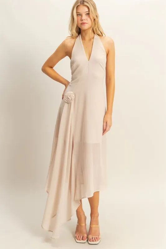 CHAMPAGNE HYFVE Chiffon Halter Asymmetrical Hem Dress | Daverri Fashions
