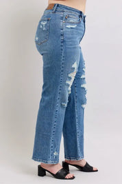 Judy Blue Full Size High Waist Heavy Destroy Straight Jeans Plus Size | Daverri Fashions