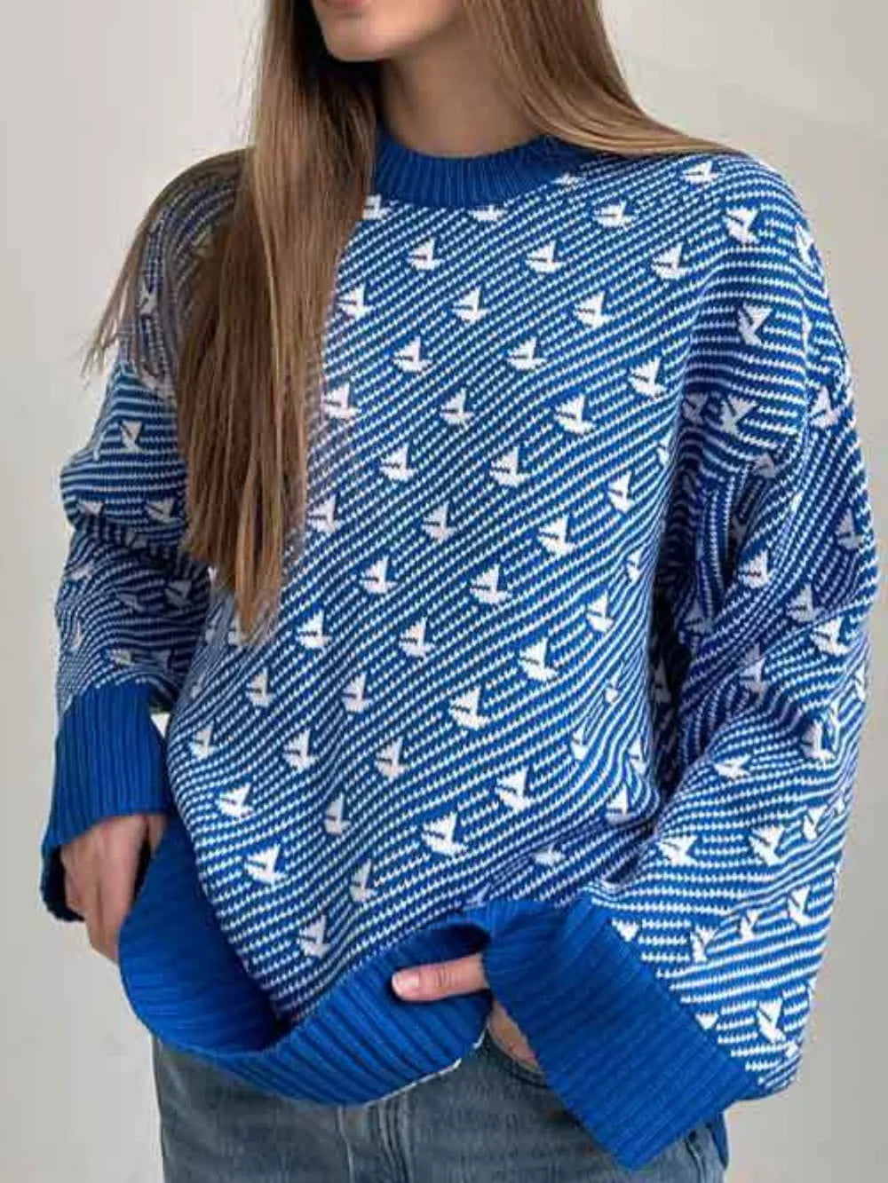 Royal Blue Contrast Round Neck Long Sleeve Sweater | Sweaters Daverri Fashions