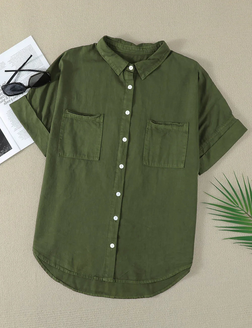 Army Green Pocketed Button Up Short Sleeve Denim Shirt | Shirts Daverri Fashions