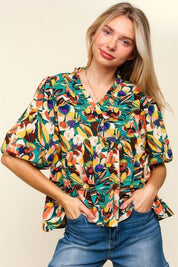 Haptics Full Size Frill Floral Puff Sleeve Peplum Blouse | Blouses Daverri Fashions