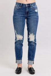 Judy Blue Full Size Mid Rise Boyfriend destroy Jeans with Yoke Pockets and Faux Selvedge Cuff Plus Size | Daverri Fashions