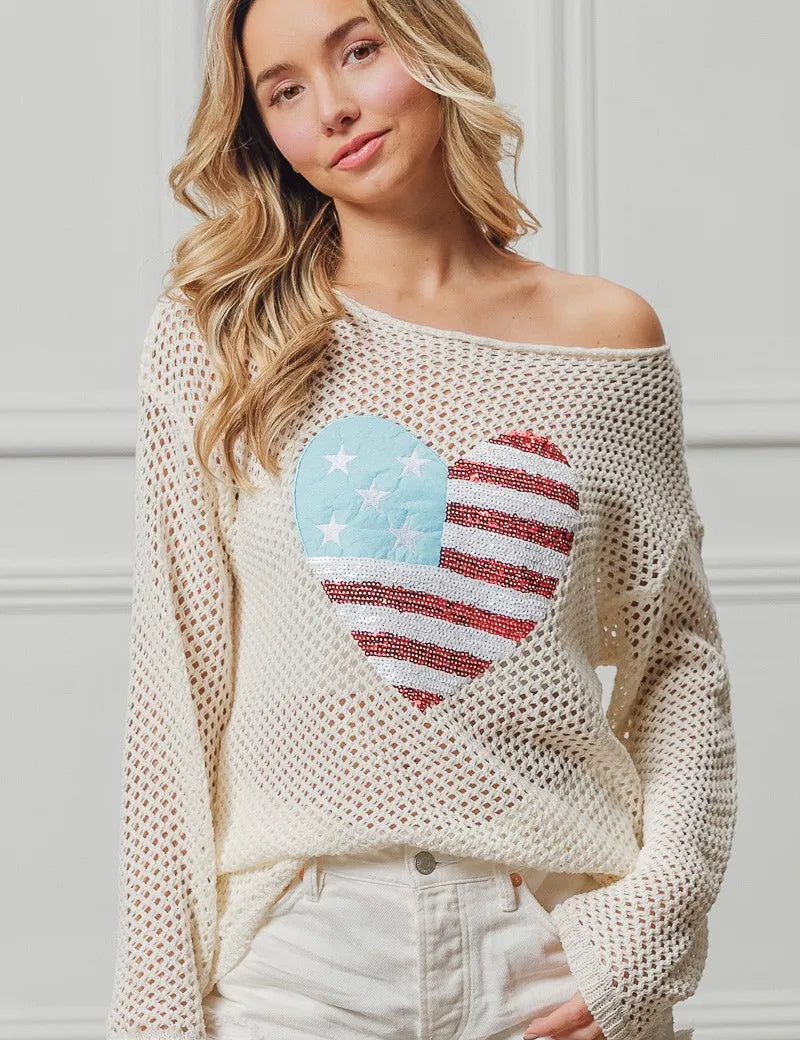 BiBi Sequin American Flag Heart Knit Cover-Up | Cover-Ups Daverri Fashions