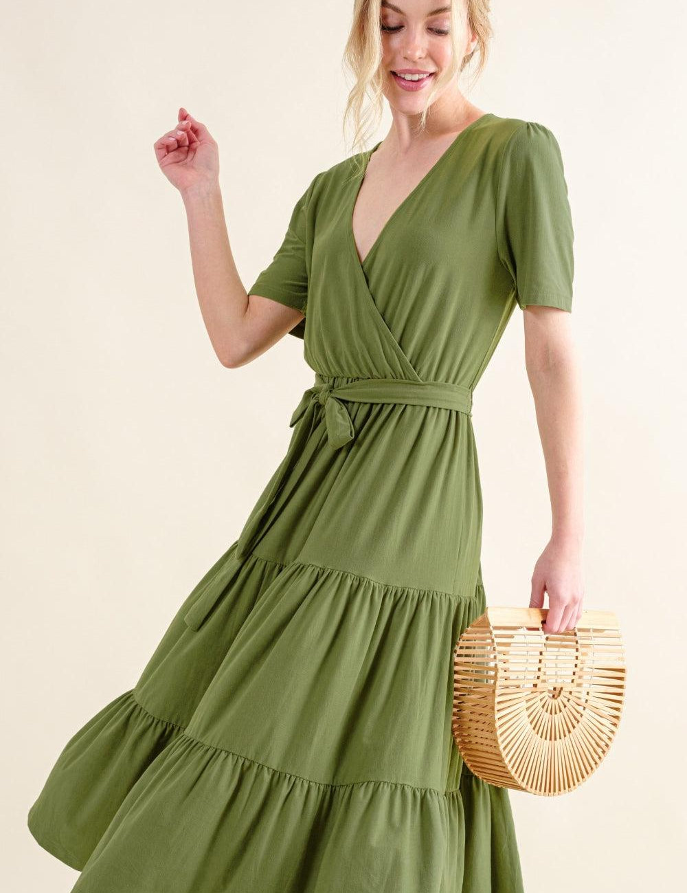 GREEN And The Why Soft Short Sleeve Tiered Midi Dress | Daverri Fashions