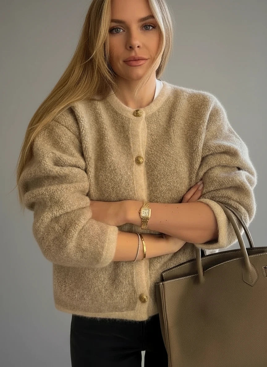 Apricot Textured Knit Cardigan with Gold Buttons | Cardigans Daverri Fashions