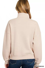 Zenana Fleece High Neck Half Zip Sweatshirt Sand Beige | Sweatshirts Daverri Fashions