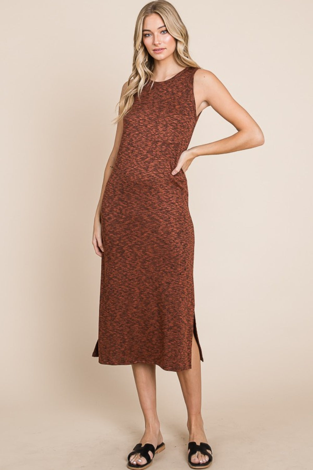 BOMBOM Slit Round Neck Sleeveless Midi Dress | Daverri Fashions