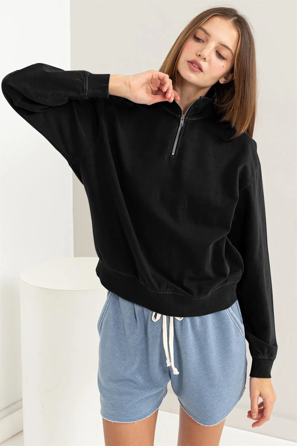 Black HYFVE Half Zip Drop Shoulder Sweatshirt | Daverri Fashions