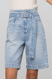 LIGHT BLUE WASH Self Belted Bermuda Denim Shorts | Shorts Daverri Fashions