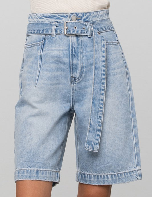LIGHT BLUE WASH Self Belted Bermuda Denim Shorts | Shorts Daverri Fashions