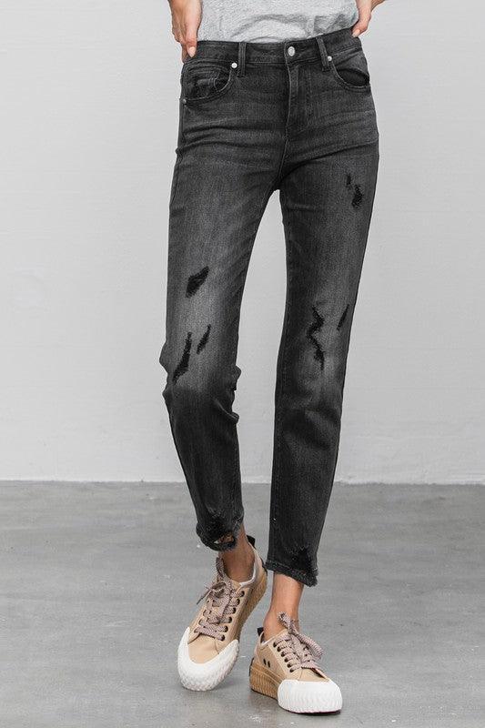 Mid Rise Ankle Black Straight Jeans | Jeans Daverri Fashions