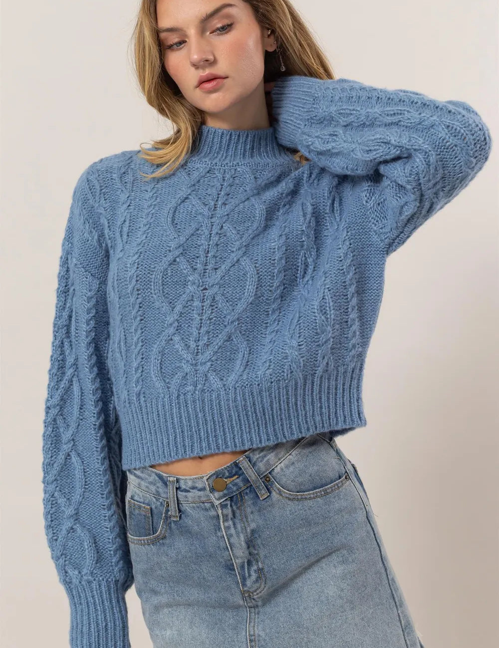 Gray Blue L HYFVE Cable-Knit Mock Neck Dropped Shoulder Sweater | Sweaters Daverri Fashions