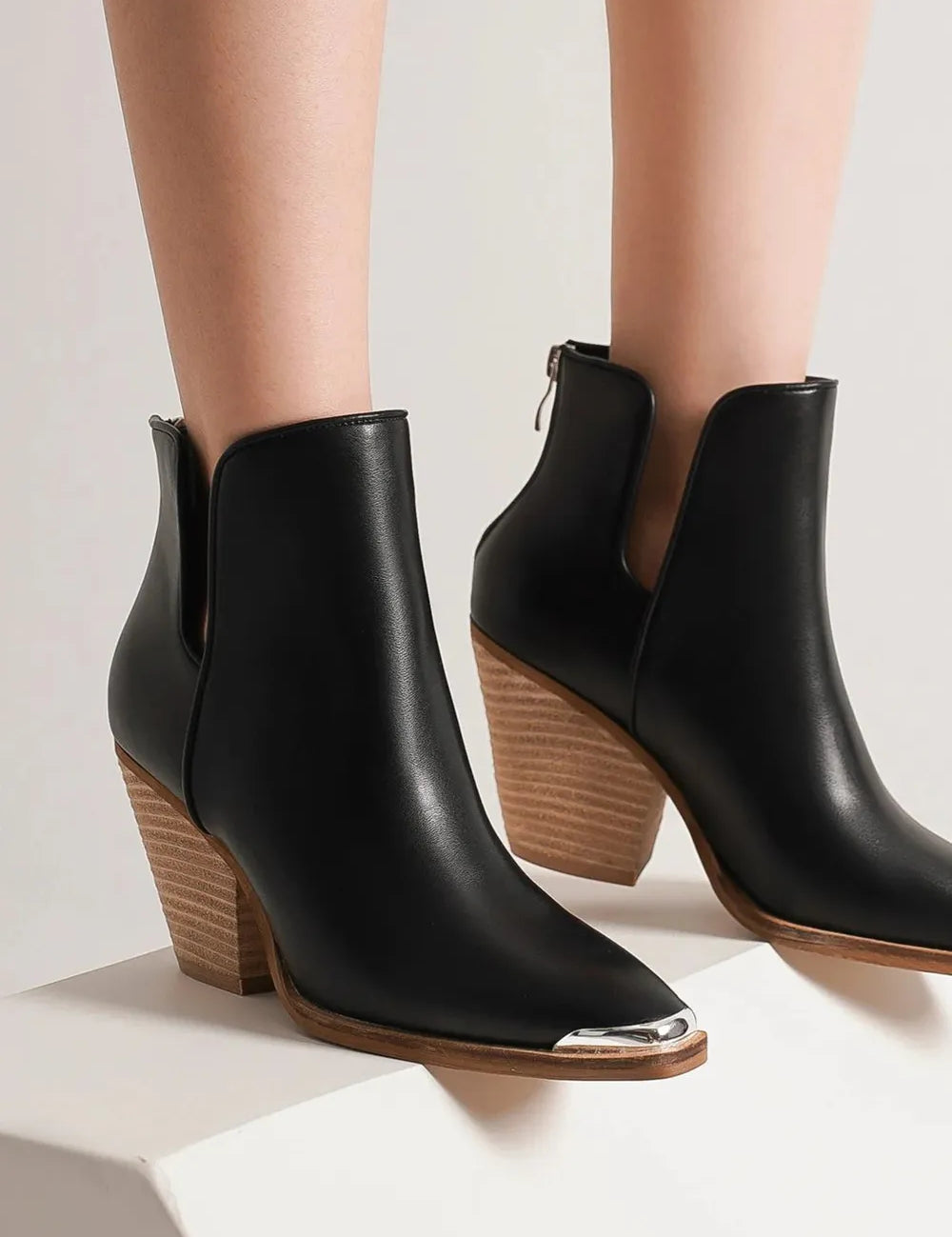 Black Beast Fashion Pointed Metal-Tip Toe Block Heel Ankle Boots | Boots Daverri Fashions