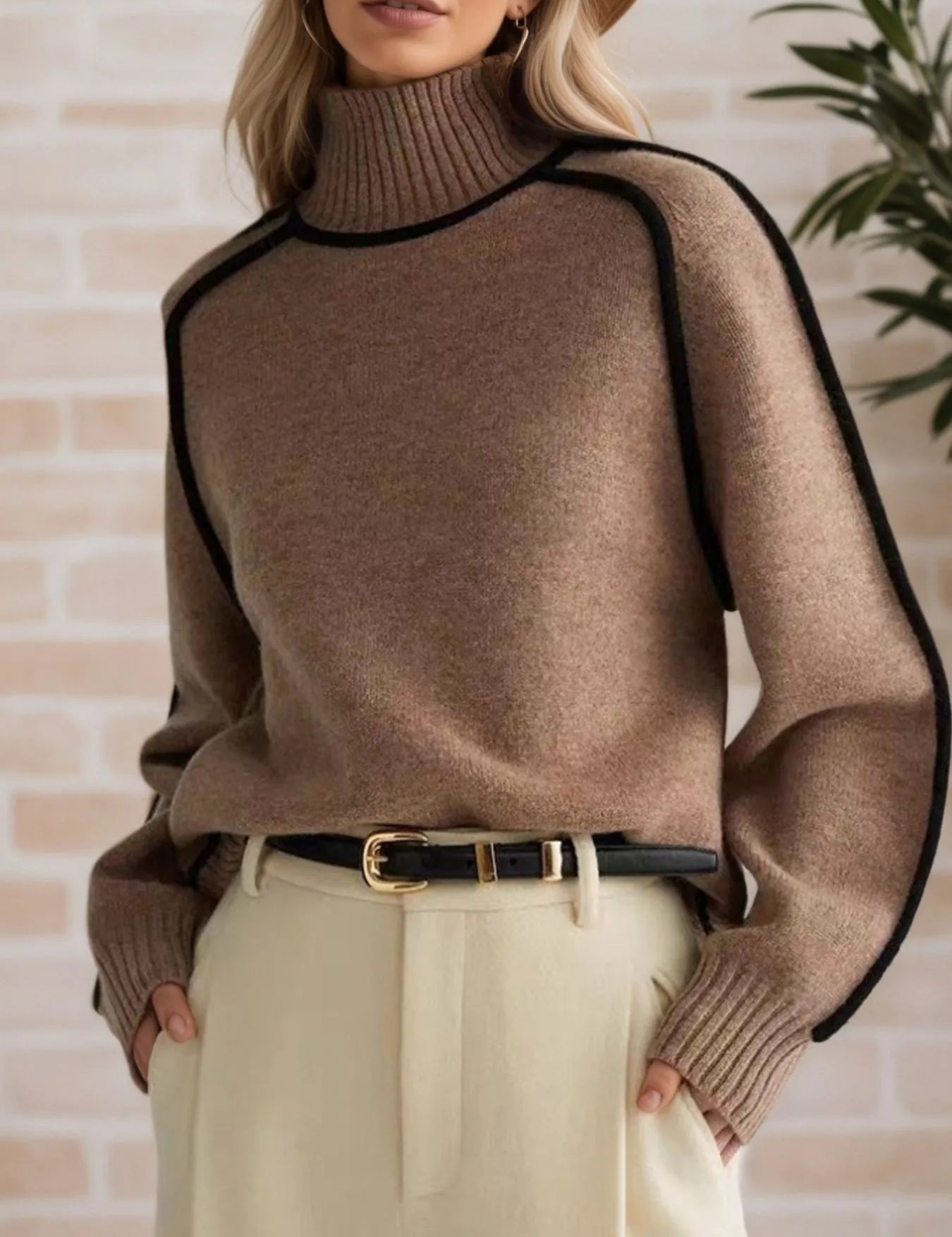 Contrast Trim Turtleneck Sweater | Sweaters Daverri Fashions