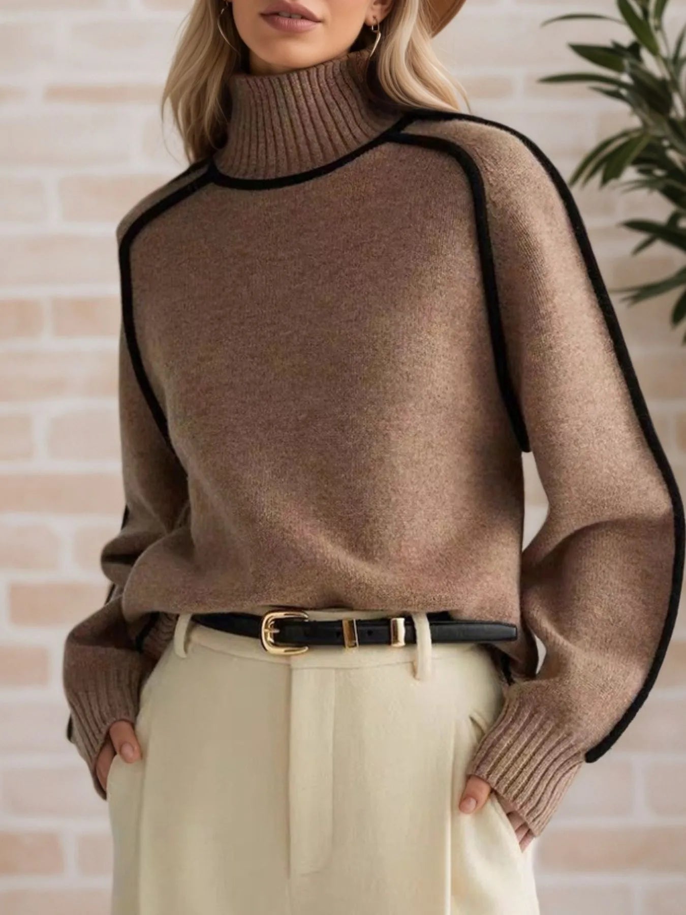 Contrast Trim Turtleneck Sweater | Sweaters Daverri Fashions