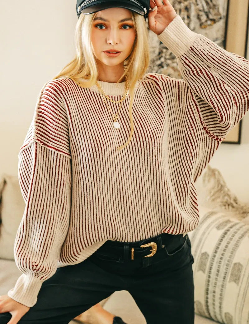 CABERNET Zenana Two Tone Crewneck Sweater | Daverri Fashions