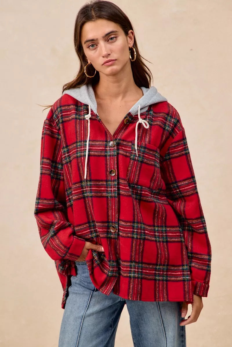 BiBi Brushed Plaid Hooded Jacket | Jackets Daverri Fashions