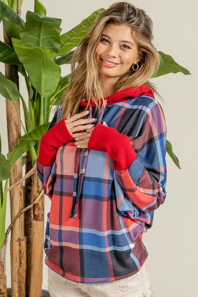 BiBi Plaid Mirr Brushed Rib Contrast Thumb Open Hoodie | Hoodies Daverri Fashions