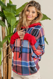 BiBi Plaid Mirr Brushed Rib Contrast Thumb Open Hoodie | Hoodies Daverri Fashions