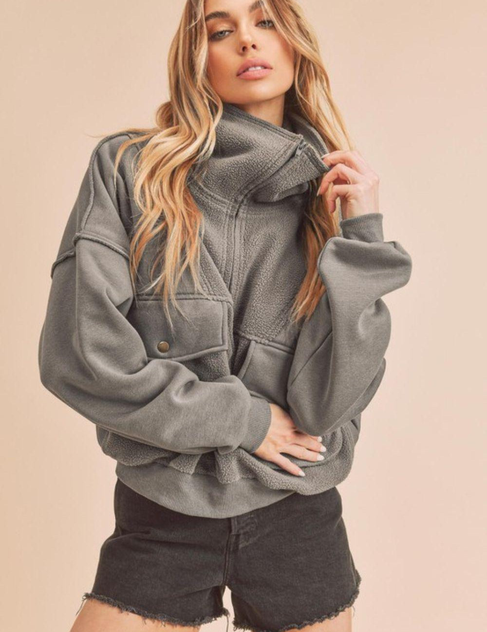 Dark Gray Aemi + Co Exposed Seam Half Zip Sweatshirt with Pockets | Sweatshirts Daverri Fashions