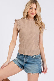 Ces Femme Texture Mock Neck Ruffle Cap Sleeve Blouse | Blouses Daverri Fashions