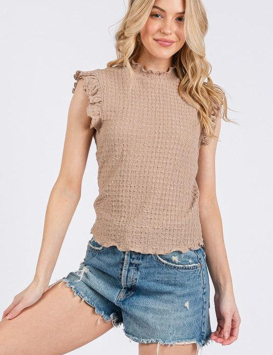 Ces Femme Texture Mock Neck Ruffle Cap Sleeve Blouse | Blouses Daverri Fashions