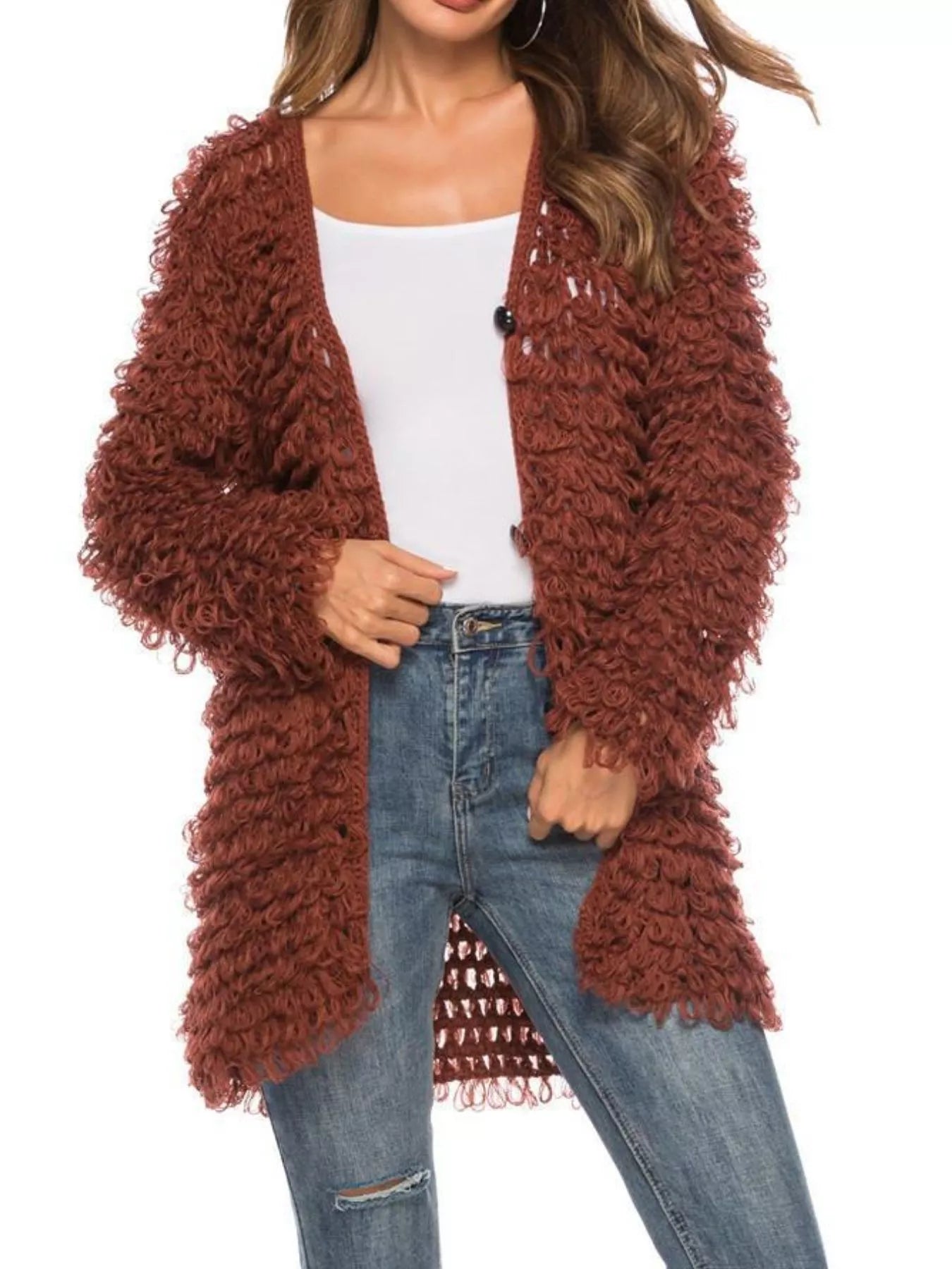 Brown One Size Textured Knit Button Up Cardigan | Cardigans Daverri Fashions