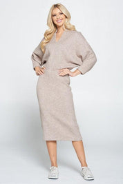Taupe Sweater Knit Dolman Sleeve Midi Dress | Sweaters Daverri Fashions