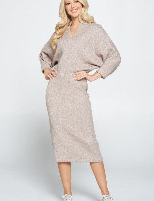 Taupe Sweater Knit Dolman Sleeve Midi Dress | Sweaters Daverri Fashions