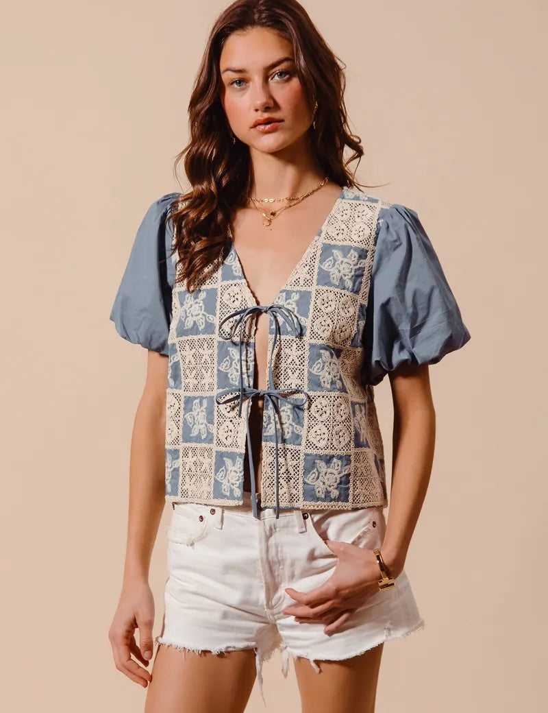 SO ME Crochet Lace Tie Front V Neck Blouse Top | Daverri Fashions