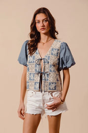 SO ME Crochet Lace Tie Front V Neck Blouse Top | Daverri Fashions