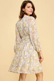 Lime 'N' Chili Chiffon Floral Print Belted Dress with Back Zipper | Daverri Fashions