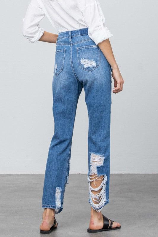 High Rise Destroyed Straight Jeans | Jeans Daverri Fashions